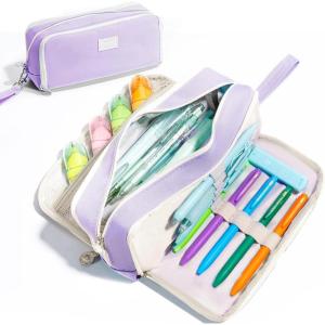 imageFour Candies Blue Pencil Case 3 Compartment Pouch Large Pencil Case for School Girls Teen Boys Women Dark Blue Removable Handle ampamp Zipper Cute Pencil Bag for Office CollegePurple