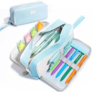 imageFour Candies Blue Pencil Case 3 Compartment Pouch Large Pencil Case for School Girls Teen Boys Women Dark Blue Removable Handle ampamp Zipper Cute Pencil Bag for Office CollegeBlue