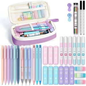 imageFour Candies 42PCS Aesthetic School Supplies Mechanical Pencil Set 05mm 07mm 09mm 20mm with 696 Lead Refills Pastel Mechanical Pencils for Writing Drawing ampamp Drafting CreamPurple