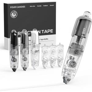 image:imageFour Candies Refillable Retractable White Correction Tape 2PCS White Cute Smooth Push Pull Out Tape with 4 Extra Refills Pen Shaped Applicator for School Office Supplies Pink GreenBlackWhiteGrey
