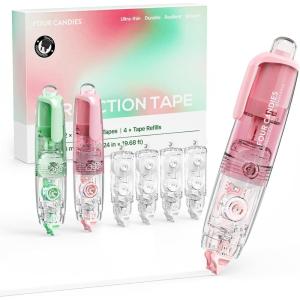 image:imageFour Candies Refillable Retractable White Correction Tape 2PCS White Cute Smooth Push Pull Out Tape with 4 Extra Refills Pen Shaped Applicator for School Office Supplies Pink GreenPinkGreen