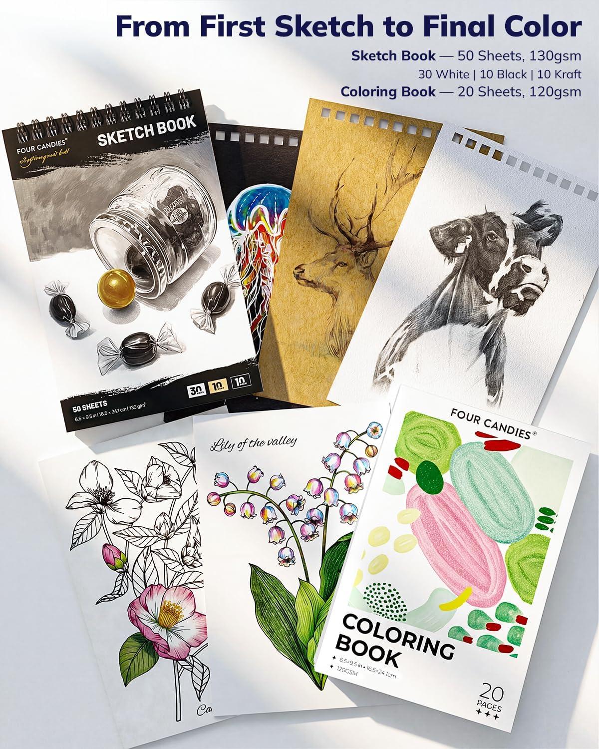 image:imageFour Candies 87 Pack Sketching Kit for Artist Gifts Art Supplies Drawing Set with Colored Pencils Sketchbook Coloring Book Complete Drawing Tools in Zipper Case for Adult Teens amp Beginner