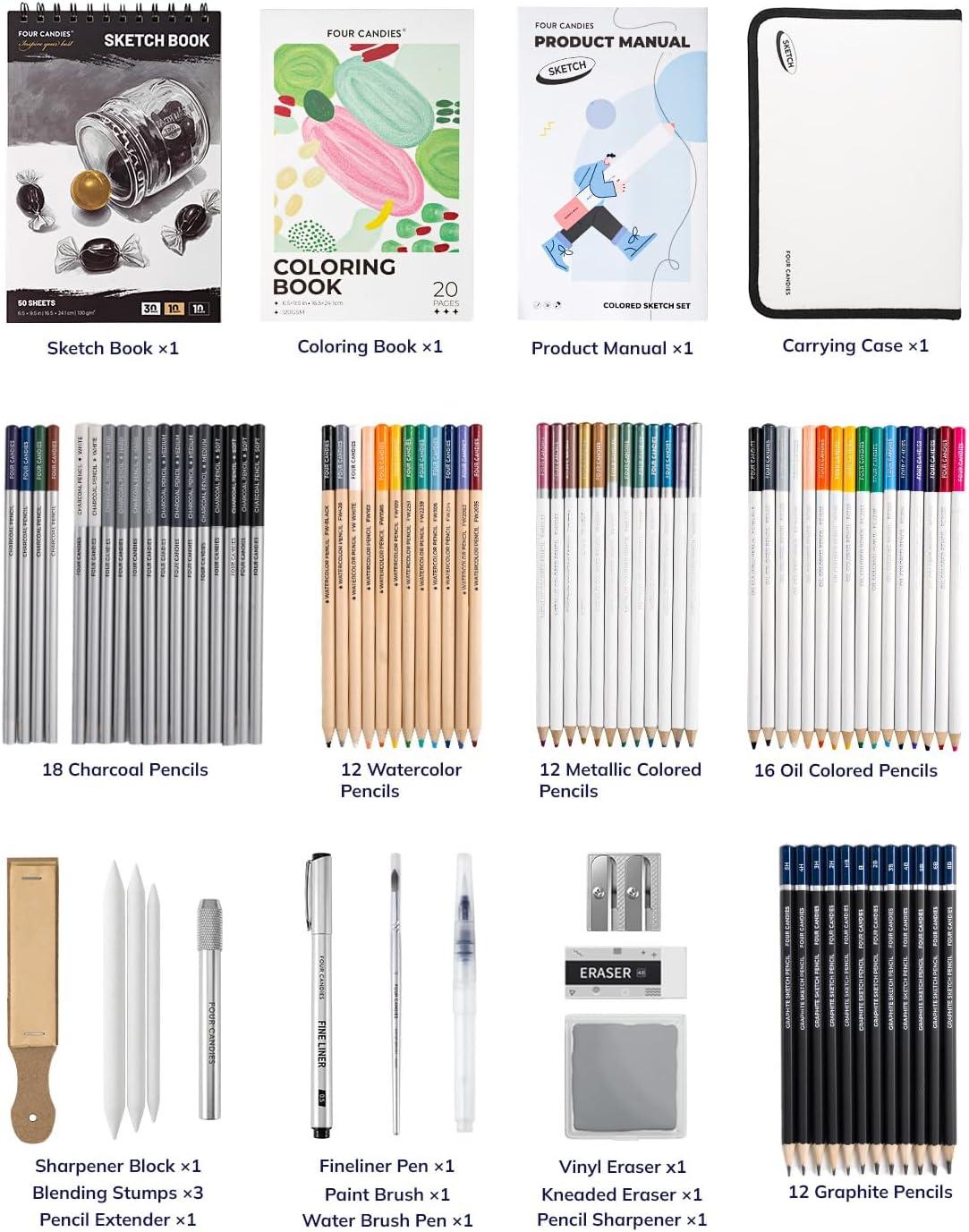 image:imageFour Candies 87 Pack Sketching Kit for Artist Gifts Art Supplies Drawing Set with Colored Pencils Sketchbook Coloring Book Complete Drawing Tools in Zipper Case for Adult Teens amp Beginner
