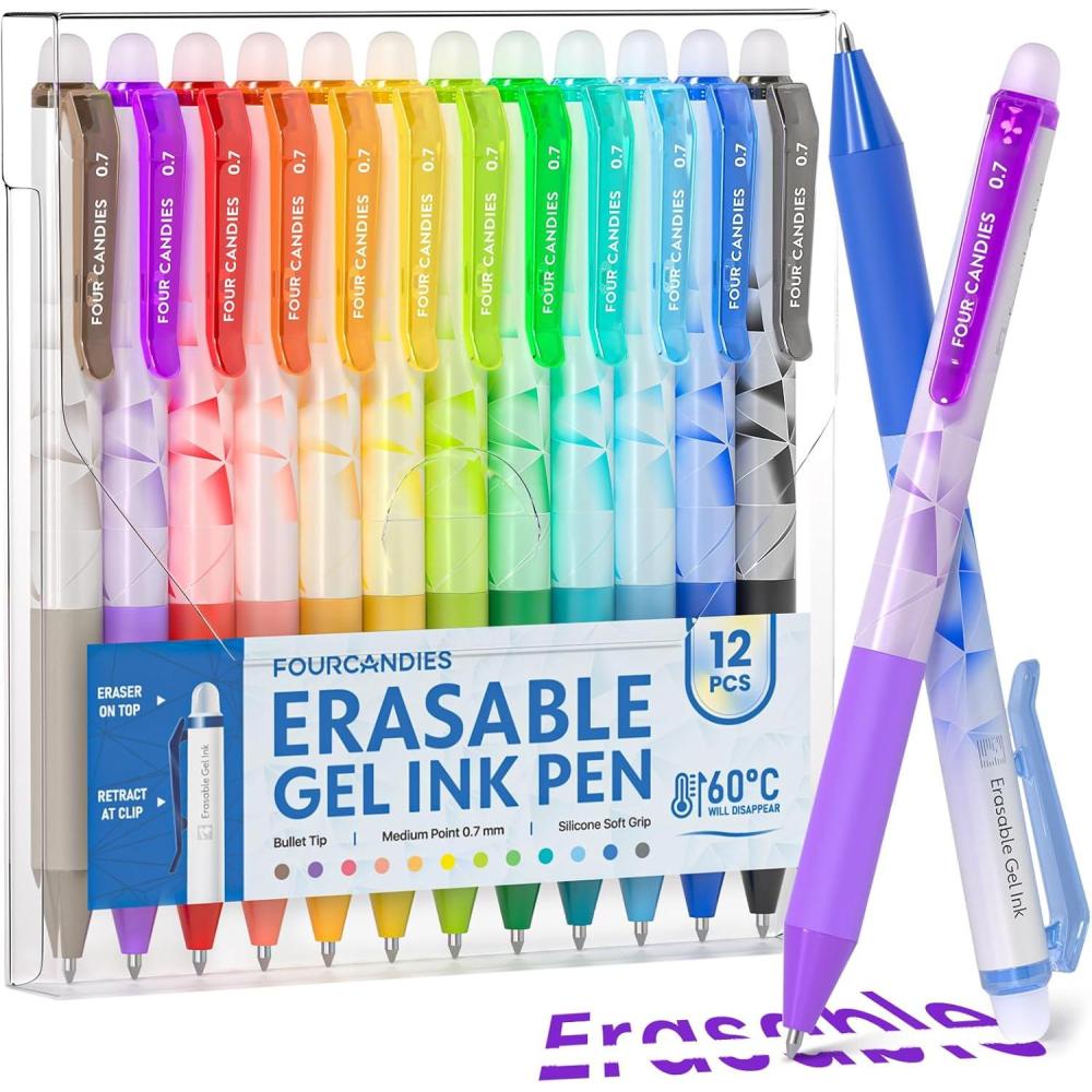 image:imageFour Candies Erasable Gel Pens 07 mm Medium Point Retractable Erasable Pens Make Mistakes Disappear 12 Assorted Colors for Drawing Writing amp PlannersMulticolor