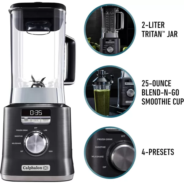 imageCalphalon AutoSpeed 68 Oz Blender with BlendNGo Smoothie Cup and BPAfree Tritan Jar  1100Watt Base Dark Stainless Steel