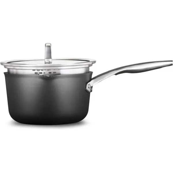 imageCalphalon 2029659 Premier HardAnodized Nonstick 35Quart Pour and Strain Saucepan with Cover Black