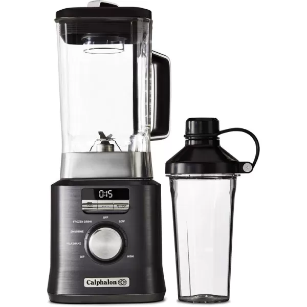 imageCalphalon AutoSpeed 68 Oz Blender with BlendNGo Smoothie Cup and BPAfree Tritan Jar  1100Watt Base Dark Stainless Steel