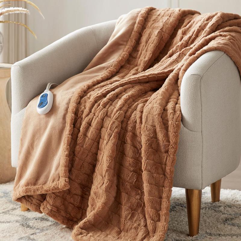 imageBeautyrest Zuri Reversible Faux Fur to MinkElectric Wrap Poncho Blanket Shawl Wearable Auto Shut Off Virtually Zero EMF Multi Heat Setting UL Certified Machine Washable Tan 50x64Brown Texture