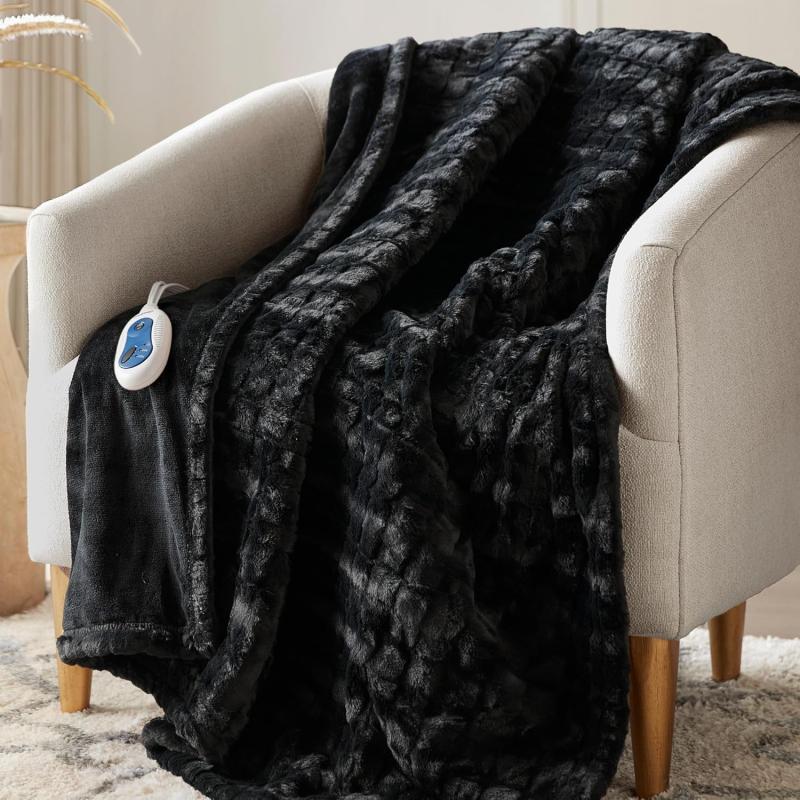 imageBeautyrest Zuri Reversible Faux Fur to MinkElectric Wrap Poncho Blanket Shawl Wearable Auto Shut Off Virtually Zero EMF Multi Heat Setting UL Certified Machine Washable Tan 50x64Black Texture