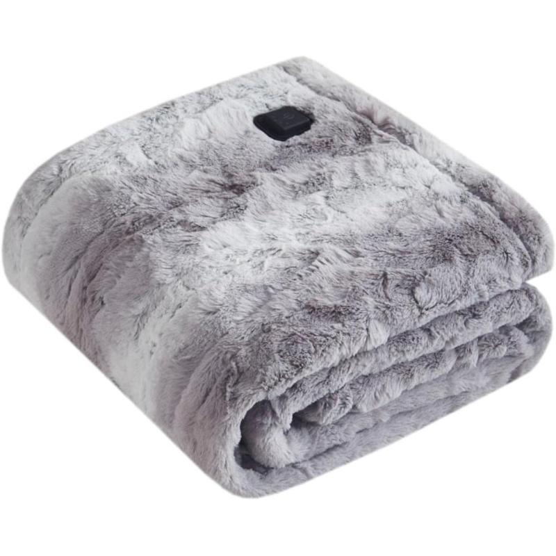 imageBeautyrest Zuri Reversible Faux Fur to MinkElectric Wrap Poncho Blanket Shawl Wearable Auto Shut Off Virtually Zero EMF Multi Heat Setting UL Certified Machine Washable Tan 50x64Grey