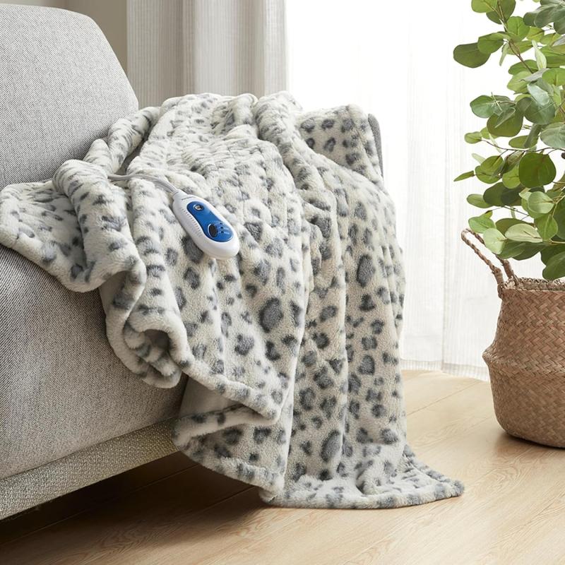 imageBeautyrest Zuri Reversible Faux Fur to MinkElectric Wrap Poncho Blanket Shawl Wearable Auto Shut Off Virtually Zero EMF Multi Heat Setting UL Certified Machine Washable Tan 50x64Grey Leopard