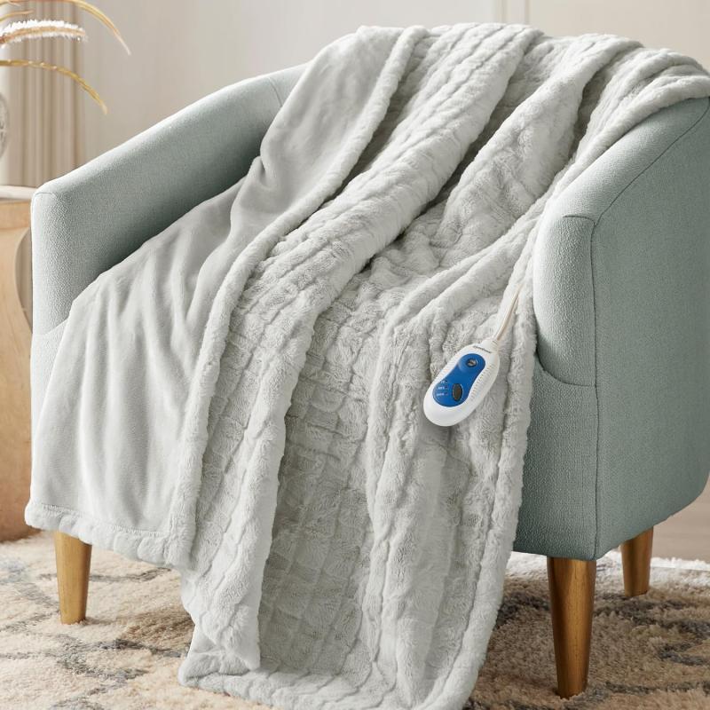 imageBeautyrest Zuri Reversible Faux Fur to MinkElectric Wrap Poncho Blanket Shawl Wearable Auto Shut Off Virtually Zero EMF Multi Heat Setting UL Certified Machine Washable Tan 50x64Grey Texture