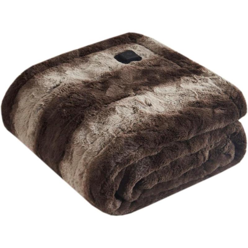 imageBeautyrest Zuri Reversible Faux Fur to MinkElectric Wrap Poncho Blanket Shawl Wearable Auto Shut Off Virtually Zero EMF Multi Heat Setting UL Certified Machine Washable Tan 50x64Brown