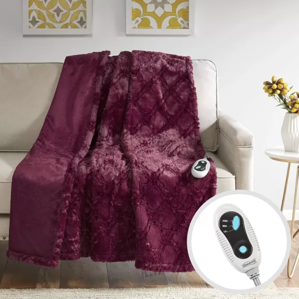 imageBeautyrest Brushed Long Fur Electric Throw Blanket Ogee Pattern Warm and Soft Heated Wrap with Auto Shutoff 50 in x 60 in GreyBurgundy