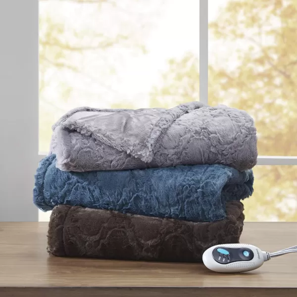 imageBeautyrest Brushed Long Fur Electric Throw Blanket Ogee Pattern Warm and Soft Heated Wrap with Auto Shutoff 50 in x 60 in GreyChocolate