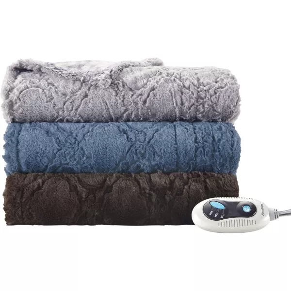 imageBeautyrest Brushed Long Fur Electric Throw Blanket Ogee Pattern Warm and Soft Heated Wrap with Auto Shutoff 50 in x 60 in GreyGrey