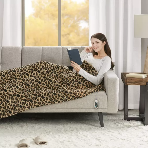 imageBeautyrest Brushed Long Fur Electric Throw Blanket Ogee Pattern Warm and Soft Heated Wrap with Auto Shutoff 50 in x 60 in GreyLeopard