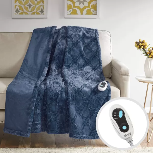 imageBeautyrest Brushed Long Fur Electric Throw Blanket Ogee Pattern Warm and Soft Heated Wrap with Auto Shutoff 50 in x 60 in GreySapphire Blue