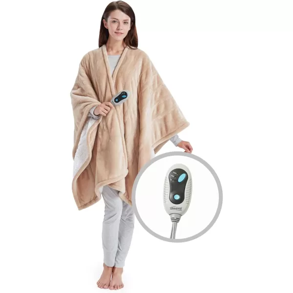 imageBeautyrest Heated Throw Blanket Wearable Shawl for Gifts Sherpa to Fleece Electric Wrap Poncho Auto Shut Off Virtually No EMF 3 Heat Level UL Certified Machine Wash Lavender Lattice 50quotx64quotTan