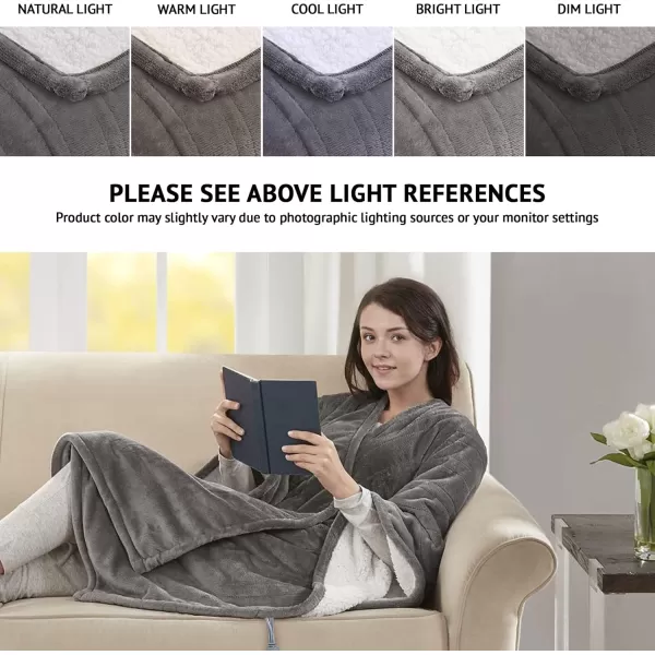 imageBeautyrest Heated Throw Blanket Wearable Shawl for Gifts Sherpa to Fleece Electric Wrap Poncho Auto Shut Off Virtually No EMF 3 Heat Level UL Certified Machine Wash Lavender Lattice 50quotx64quotGrey