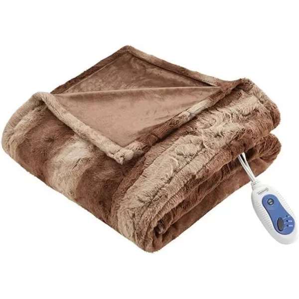 imageBeautyrest Zuri Reversible Faux Fur to MinkElectric Wrap Poncho Blanket Shawl Wearable Auto Shut Off Virtually Zero EMF Multi Heat Setting UL Certified Machine Washable Tan 50x64Tan