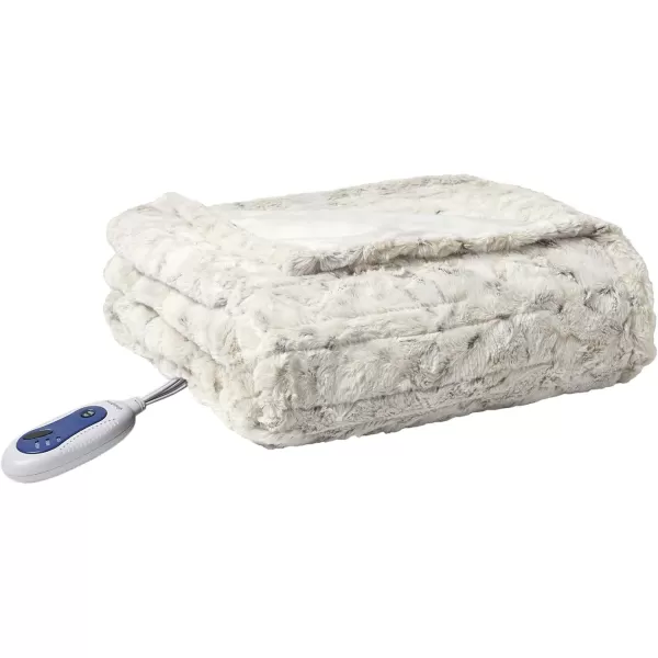 imageBeautyrest Zuri Reversible Faux Fur to MinkElectric Wrap Poncho Blanket Shawl Wearable Auto Shut Off Virtually Zero EMF Multi Heat Setting UL Certified Machine Washable Tan 50x64Snow Leopard