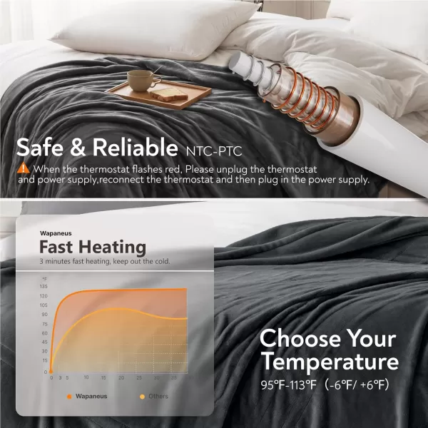 imageWapaneus Heated Blanket Electric Blanket 72quot x 84quot Full Size with 10 Heating Levels and 12 Hours time Settings Flannel FastHeating Electric Blanket ETL Listed Machine Washable BlackDark Grey