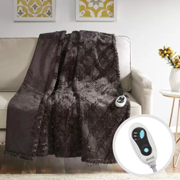 imageBeautyrest Brushed Long Fur Electric Throw Blanket Ogee Pattern Warm and Soft Heated Wrap with Auto Shutoff 50 in x 60 in GreyChocolate