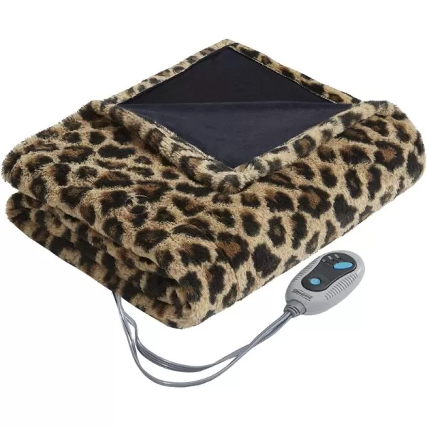 imageBeautyrest Brushed Long Fur Electric Throw Blanket Ogee Pattern Warm and Soft Heated Wrap with Auto Shutoff 50 in x 60 in GreyLeopard