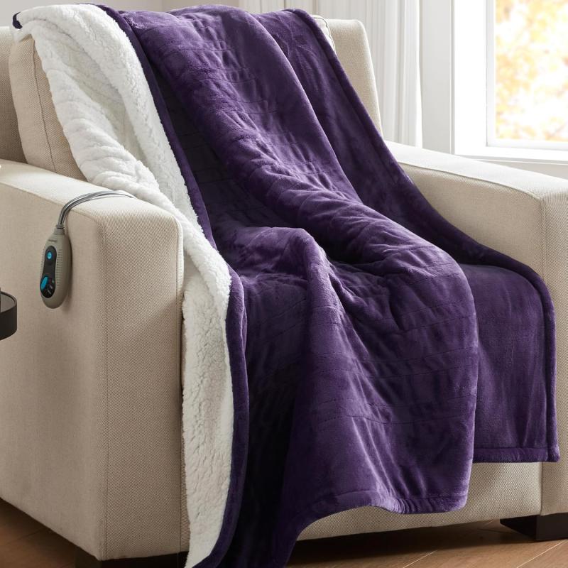 imageBeautyrest Heated Blanket Electric Throw Blanket Soft Warm Reversible Plush  Sherpa Heating Blanket Throw 3 Heat Settings 2 hr Auto Shut Off Machine Washable Oversized 60 in x 70 in BluePurple