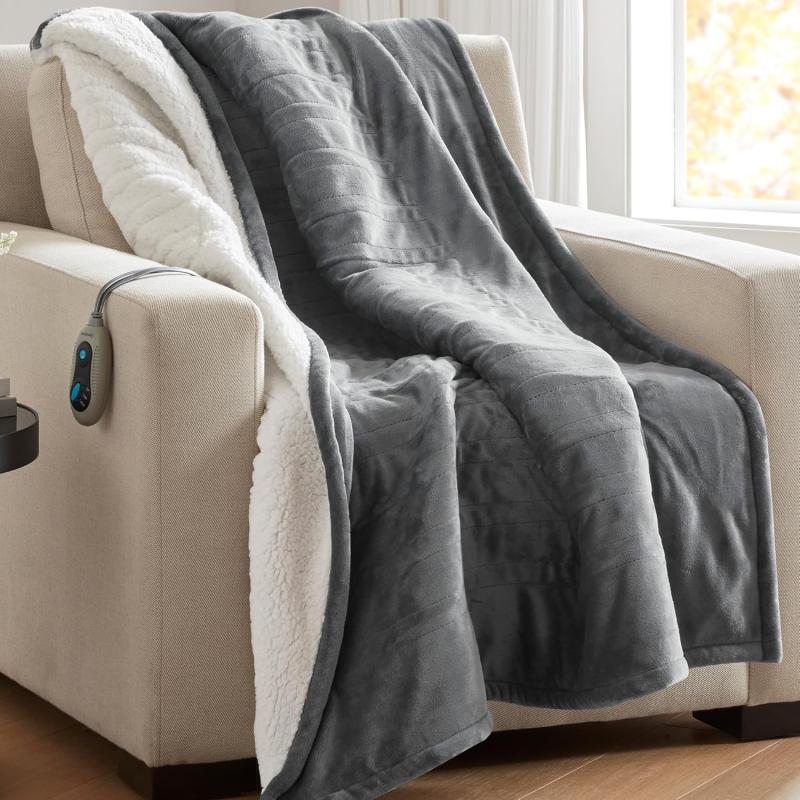 imageBeautyrest Heated Blanket Electric Throw Blanket Soft Warm Reversible Plush  Sherpa Heating Blanket Throw 3 Heat Settings 2 hr Auto Shut Off Machine Washable Oversized 60 in x 70 in BlueGrey