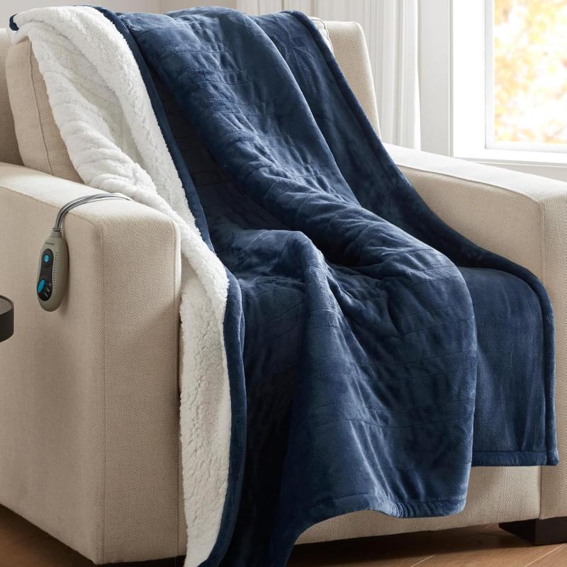 imageBeautyrest Heated Blanket Electric Throw Blanket Soft Warm Reversible Plush  Sherpa Heating Blanket Throw 3 Heat Settings 2 hr Auto Shut Off Machine Washable Oversized 60 in x 70 in BlueIndigo