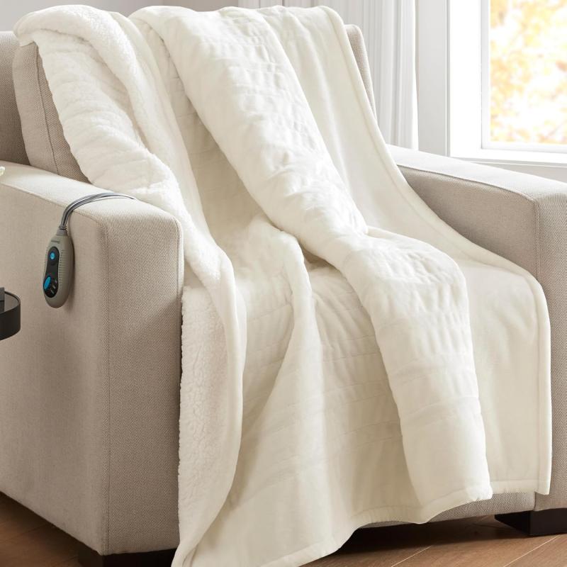 imageBeautyrest Heated Blanket Electric Throw Blanket Soft Warm Reversible Plush  Sherpa Heating Blanket Throw 3 Heat Settings 2 hr Auto Shut Off Machine Washable Oversized 60 in x 70 in BlueIvory