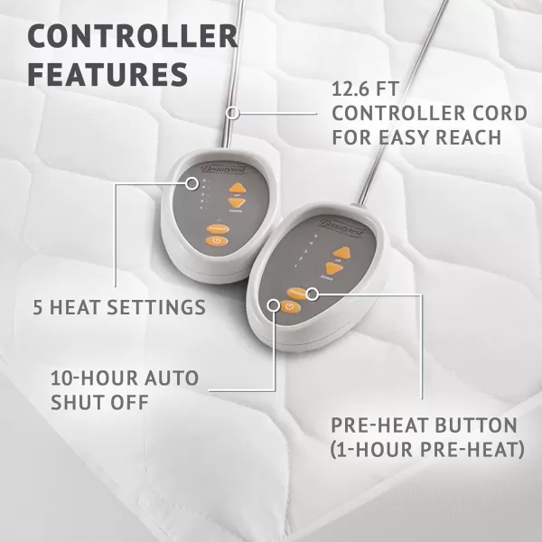 imageBeautyrest Cotton Blend Heated Mattress Pad Secure Comfort Technology  Luxury Quilted Electric Mattress Pad with Deep Pocket  5Setting Heat Controllers Twin XL  WhiteQueen