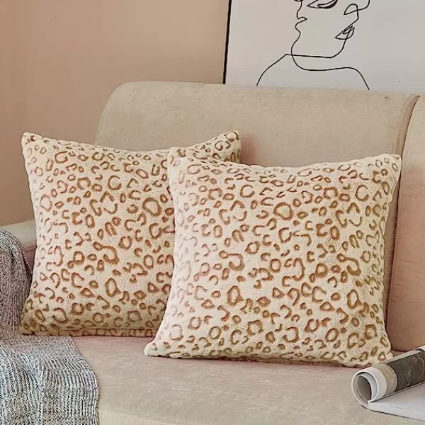 imageFY FIBER HOUSE Leopard Print Pillow Cover Flannel Fleece Throw Pillow Cases Covers for Couch Bed Sofa Set of 2 18 x 18 Inch BrownBrown Leopard