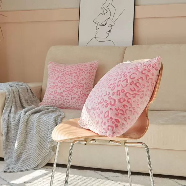 imageFY FIBER HOUSE Leopard Print Pillow Cover Flannel Fleece Throw Pillow Cases Covers for Couch Bed Sofa Set of 2 18 x 18 Inch BrownPink Leopard