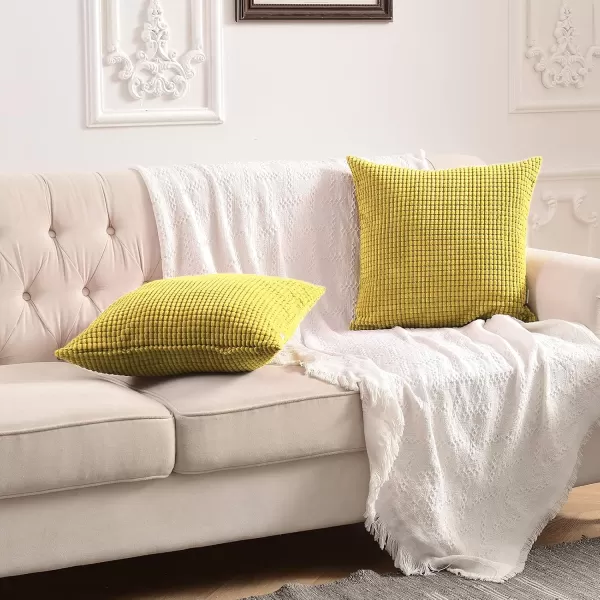 imageFY FIBER HOUSE Pack of 2 Comfy Corduroy Corn Granules Throw Pillow Covers Christmas Decorative Square Cushion Pillowcase for Couch Sofa Bed 16 X 16 Inch Bean GreenGold Yellow