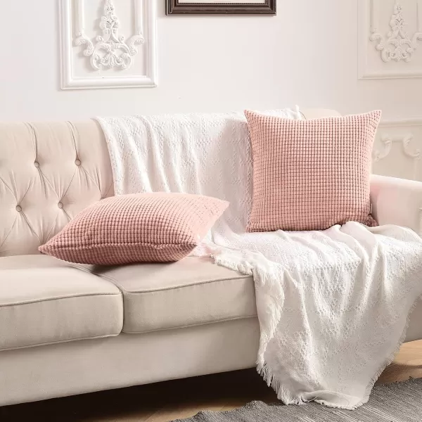 imageFY FIBER HOUSE Pack of 2 Comfy Corduroy Corn Granules Throw Pillow Covers Christmas Decorative Square Cushion Pillowcase for Couch Sofa Bed 16 X 16 Inch Bean GreenSoft Pink