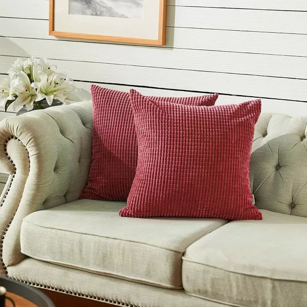 imageFY FIBER HOUSE Pack of 2 Comfy Corduroy Corn Granules Throw Pillow Covers Christmas Decorative Square Cushion Pillowcase for Couch Sofa Bed 16 X 16 Inch Bean GreenBurgundy