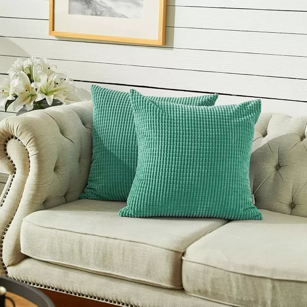 imageFY FIBER HOUSE Pack of 2 Comfy Corduroy Corn Granules Throw Pillow Covers Christmas Decorative Square Cushion Pillowcase for Couch Sofa Bed 16 X 16 Inch Bean GreenPine Green