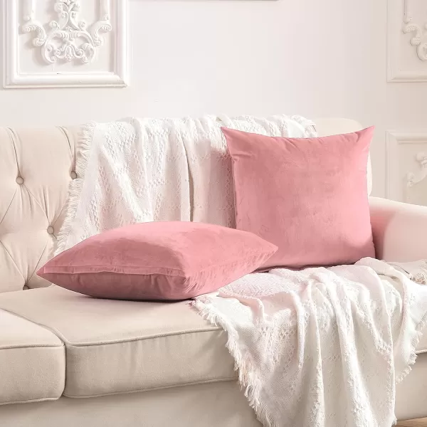imageFY FIBER HOUSE Pack of 2 Velvet Throw Pillow Covers Christmas Decorative Square Pillowcase Soft Solid Cushion Case for SoFaCouch Use 20 x 20 Inch RedPink