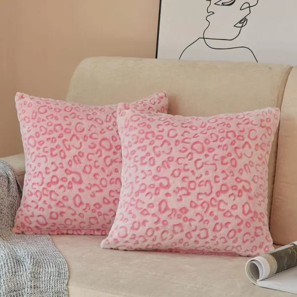 imageFY FIBER HOUSE Leopard Print Pillow Cover Flannel Fleece Throw Pillow Cases Covers for Couch Bed Sofa Set of 2 18 x 18 Inch BrownPink Leopard