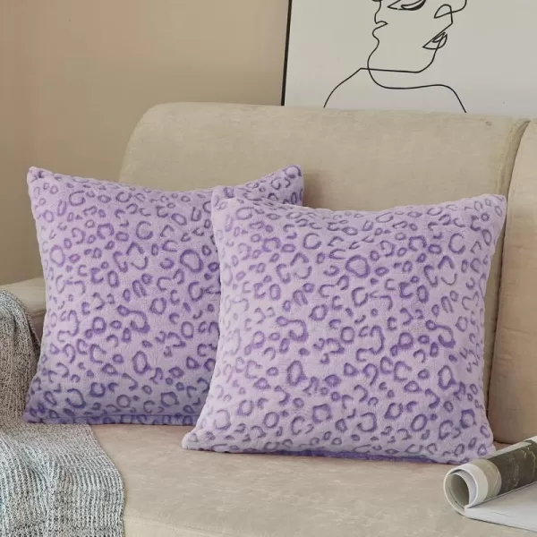 imageFY FIBER HOUSE Leopard Print Pillow Cover Flannel Fleece Throw Pillow Cases Covers for Couch Bed Sofa Set of 2 18 x 18 Inch BrownPurple Leopard