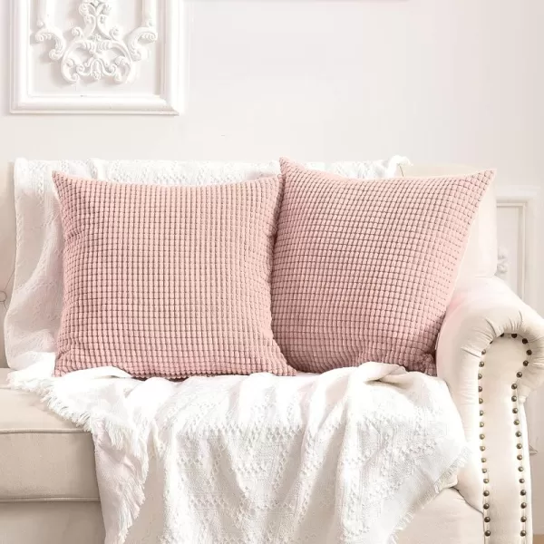 imageFY FIBER HOUSE Pack of 2 Comfy Corduroy Corn Granules Throw Pillow Covers Christmas Decorative Square Cushion Pillowcase for Couch Sofa Bed 16 X 16 Inch Bean GreenSoft Pink