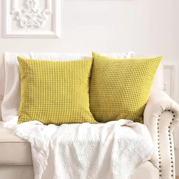 imageFY FIBER HOUSE Pack of 2 Comfy Corduroy Corn Granules Throw Pillow Covers Christmas Decorative Square Cushion Pillowcase for Couch Sofa Bed 16 X 16 Inch Bean GreenGold Yellow
