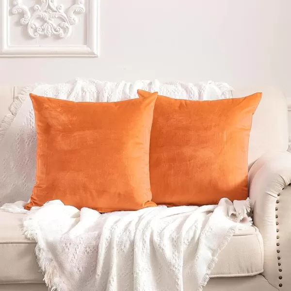 imageFY FIBER HOUSE Pack of 2 Velvet Throw Pillow Covers Christmas Decorative Square Pillowcase Soft Solid Cushion Case for SoFaCouch Use 20 x 20 Inch RedOrange