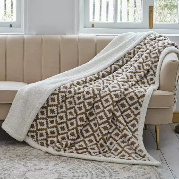 imageFY FIBER HOUSE Sherpa Fleece Plush Throw Blanket Super Warm Soft Cozy Fuzzy Microfiber for Couch Bed with Diamond Jacquard Print 50quotX60quot Taupe