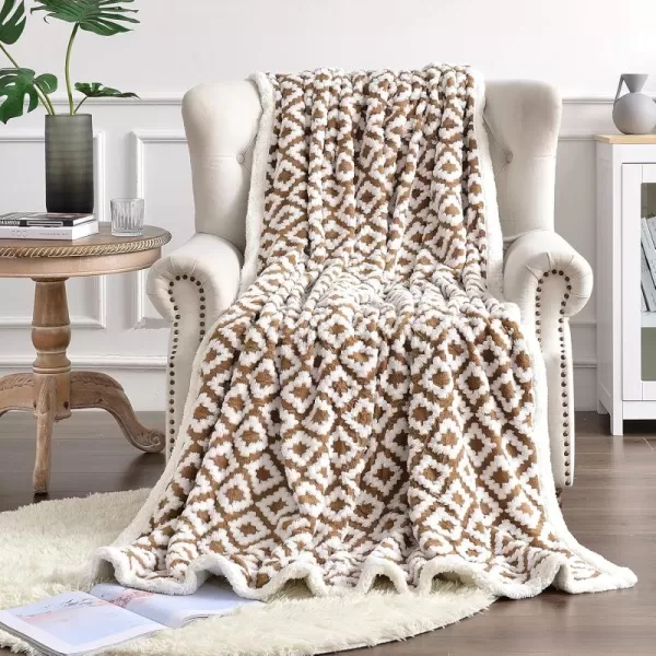 imageFY FIBER HOUSE Sherpa Fleece Plush Throw Blanket Super Warm Soft Cozy Fuzzy Microfiber for Couch Bed with Diamond Jacquard Print 50quotX60quot Taupe