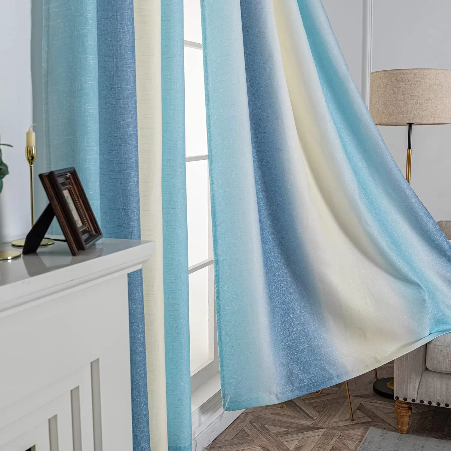 imageFY FIBER HOUSE Multicolor Curtains Gradient Grommet DarkeningLinen Look Blue and White Curtain for Living Dining RoomDecorative Window Ombre Drapes for Boys Girls Kids Bedroom 52Wx95L Inch 2 PanelsGradient Blue Grommet