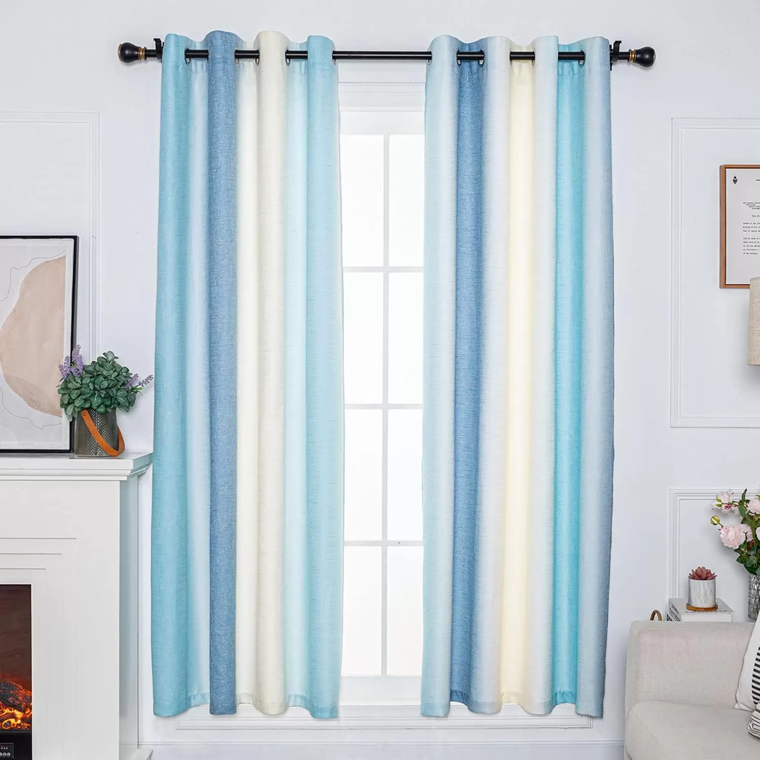 imageFY FIBER HOUSE Multicolor Curtains Gradient Grommet DarkeningLinen Look Blue and White Curtain for Living Dining RoomDecorative Window Ombre Drapes for Boys Girls Kids Bedroom 52Wx95L Inch 2 PanelsGradient Blue Grommet
